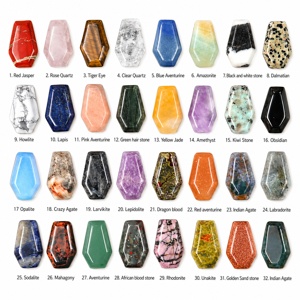 32 Colors Set: Assorted natural gemstones & synthetic crystals.

Unique Shape: Precision-carved coffin design.

High Polished: Smooth surface, comfortable touch.

Mixed Materials: Includes Amethyst, Rose Quartz, Opalite, etc.