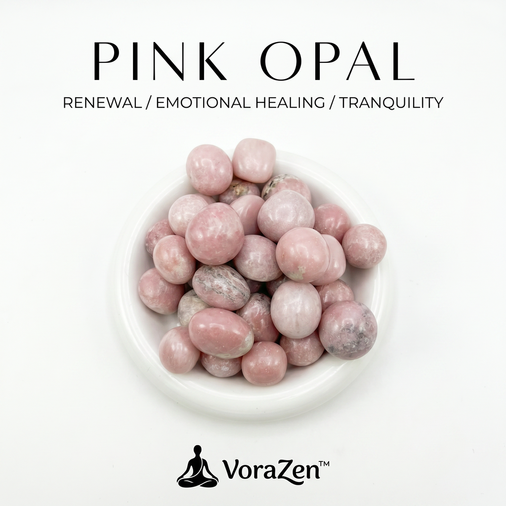 VoraZen™ Natural Pink Opal Tumbled Stones in a white porcelain bowl. These premium opaque pink crystals, sized 25-29mm, are known as the "Stone of Hope and Spiritual Awakening." Features a smooth, matte-to-polished finish, perfect for emotional healing and heart chakra balance.