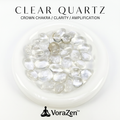 VoraZen™ Premium Clear Quartz Tumbled Stones in a white porcelain bowl. These high-clarity natural crystals, sized 15-18mm, are known as the "Master Healer." Features a brilliant transparent finish, perfect for amplifying energy, cleansing other crystals, and meditation.