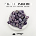 Rare VoraZen™ Phosphosiderite Tumbled Stones with a soft orchid-purple hue. High-quality soothing gemstones in a minimalist white bowl. Ideal for spiritual healing and stress relief. Authentic natural crystals.