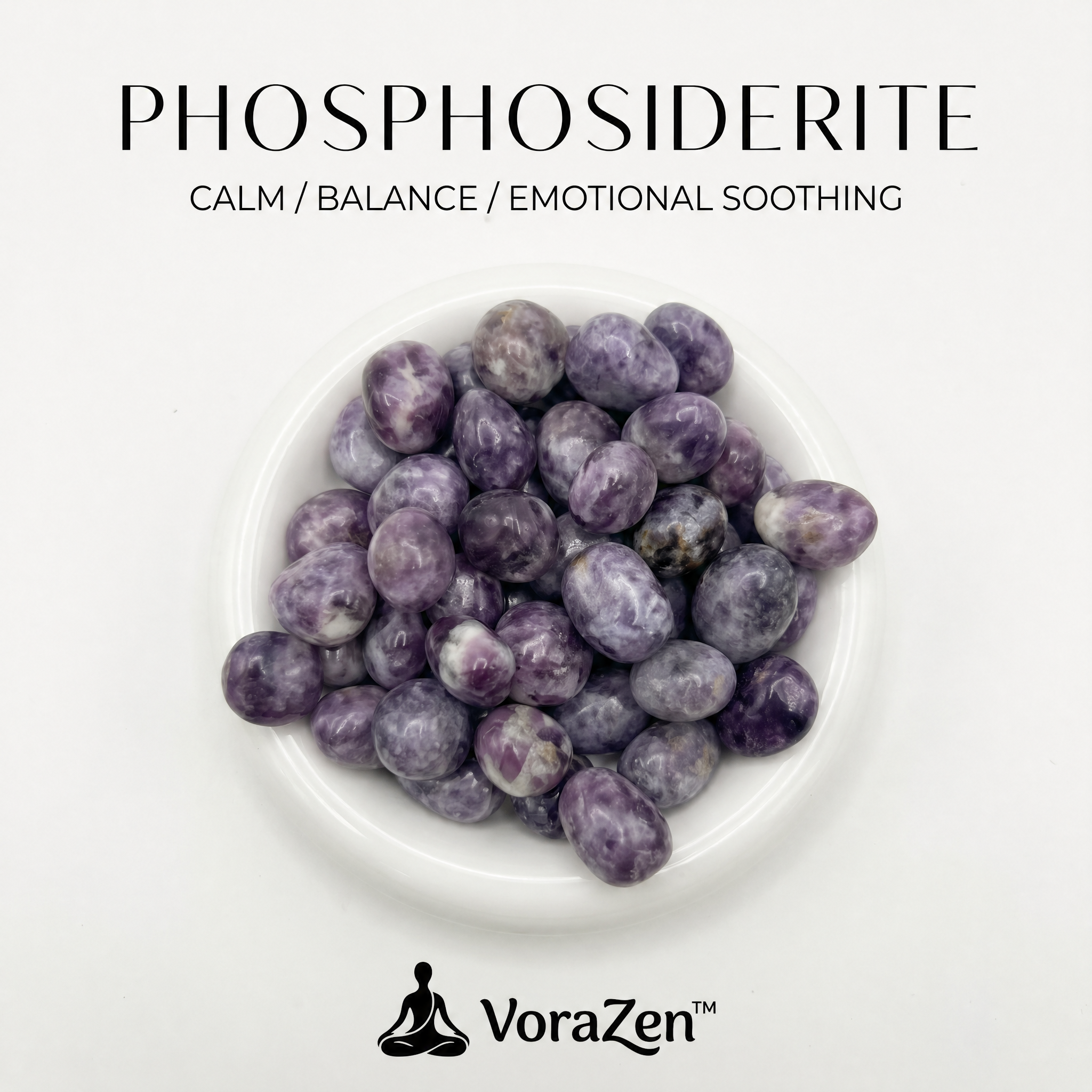 Rare VoraZen™ Phosphosiderite Tumbled Stones with a soft orchid-purple hue. High-quality soothing gemstones in a minimalist white bowl. Ideal for spiritual healing and stress relief. Authentic natural crystals.